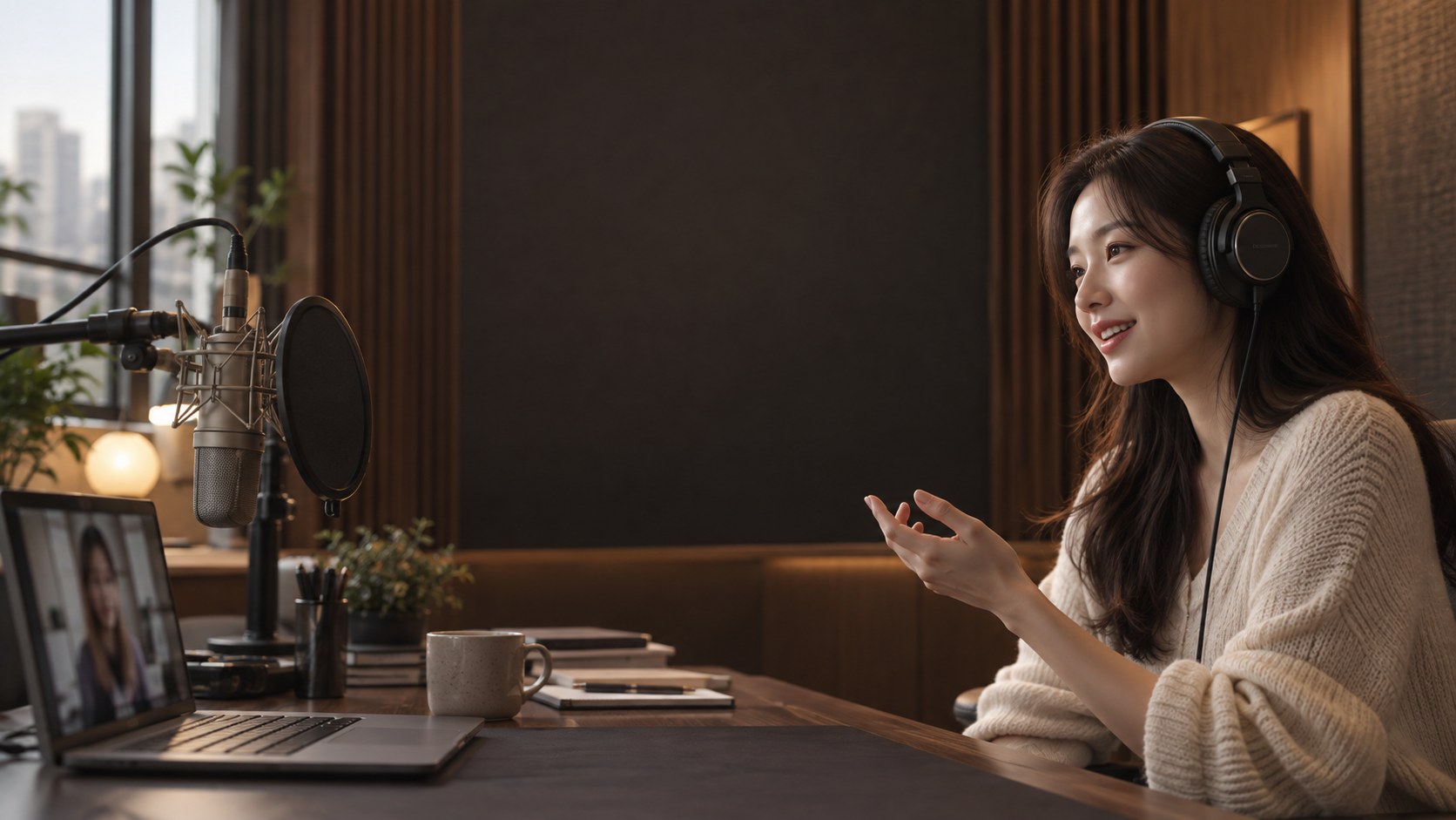 헤드폰과 마이크를 사용해 온라인 수업에 참여하는 모습을 표현한  이미지